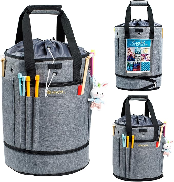 Expandable Crochet Bag Organizer - Yarn Storage Tote, Holder for Crocheting, Accessories, Drawstring Closure