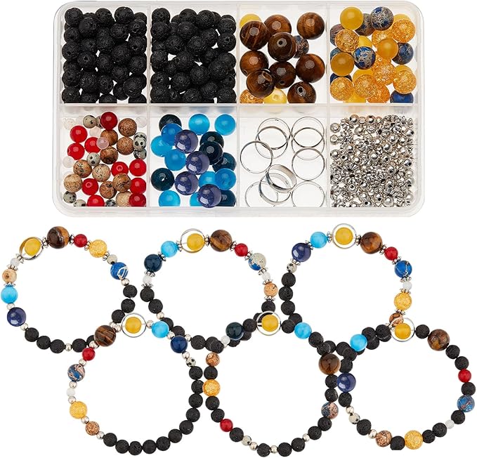 SUNNYCLUE 1 Box 300+Pcs DIY 10 Sets Solar System Bracelets Kit Universe Galaxy The Nine Guardian Planets Bracelet Necklace Tiger Eye Bead Natural Gemstone Beads for Jewelry Making Kits Craft