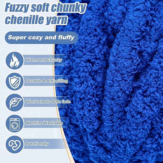Chunky Yarn for Hand Knitting, Jumbo Chunky Yarn for Crocheting, Chunky Chenille Yarn, 1 Pack (32 yds 8.5 oz Each Skein),#7, Purplish Blue