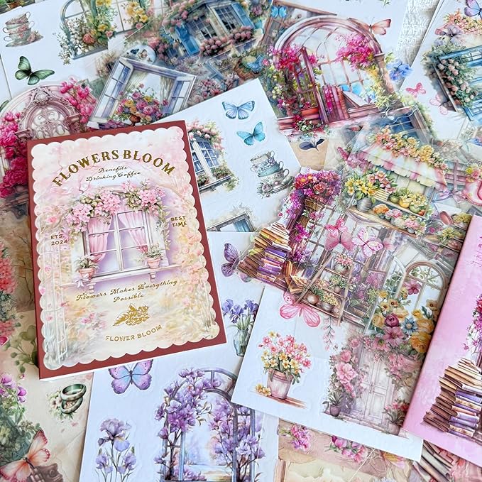 64 Sheets Vintage Floral Scrapbooking Kit, Precut Floral Natural Garden Flowers Butterfly Transparent PET and Washi Stickers with Scrap book Paper for Scrapbook Supplies Junk Journals Craft (Flower)