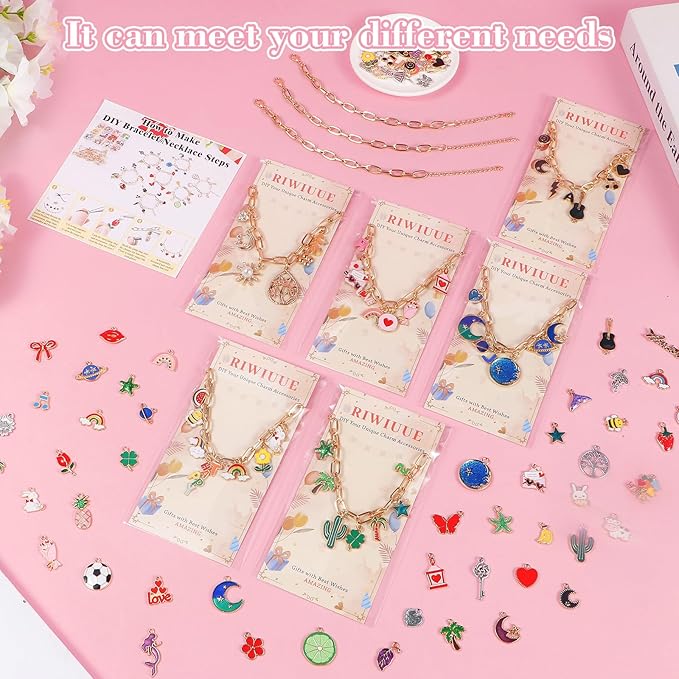 Riwiuue 590 Pieces Charm Bracelet Making Kit - Includes Gold Paperclip Chain Bracelet, Charms, Jump Rings & Tools, Ideal for DIY Jewelry Making, Beginner, Teen and Adult Gifts