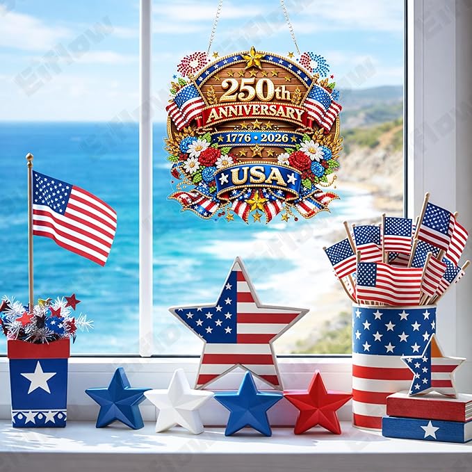 Eiflow 250th Anniversary USA Diamond Art Hanging Kit for Adults, DIY Acrylic Diamonds Painting Door Hanger Board Kit, Crystal Diamond Art Painting Pendant Ornament (4th of July Eagle)