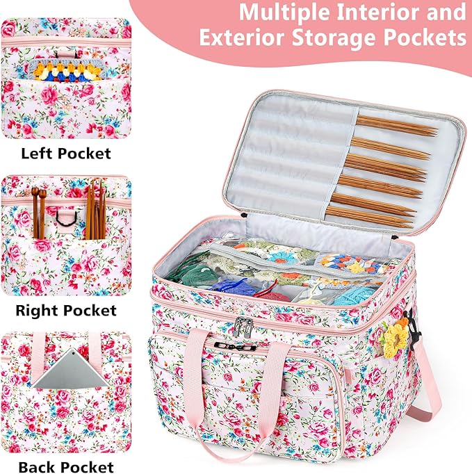 IBFUN 3PCS Crochet Bag with Wrist Yarn Holder, Large Yarn Storage Tote Waterproof Knitting Bag Organizer with Adjustable Strap for Hooks, Needles (Up to 14"), Accessories, Crochet Lovers, Tangle-Free