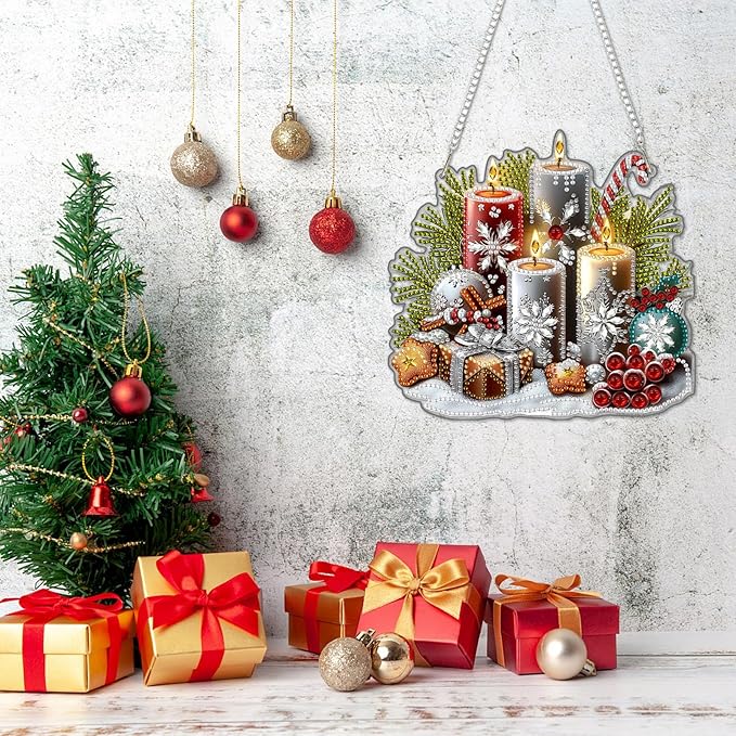 DOMROM Santa and Castle Diamond Art Hanging Kits for Adults Beginners, Christmas Special Shaped Crystal Diamond Painting Santa Pendant, DIY Diamond Art Suncatchers for Home Garden Wall Decor Gift