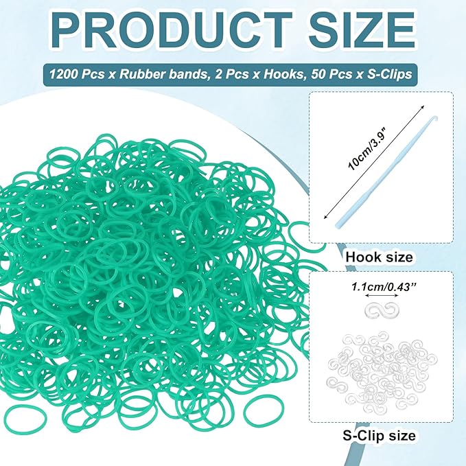 MECCANIXITY 1200 Pcs Loom Rubber Bands Kit with 50 Pcs S-Clips 2-Hooks Rubber Bands Refill Bracelet Making Kits for Weaving DIY Handcrafts Gift, Light Green