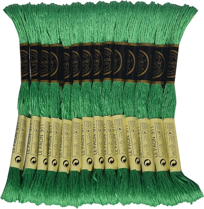 LE PAON Embroidery Floss, 14-Pack Six Strands 100% Long Staple Cotton Embroidery Thread, 8.7-Yard，Color Number：911, Medium Emerald Green
