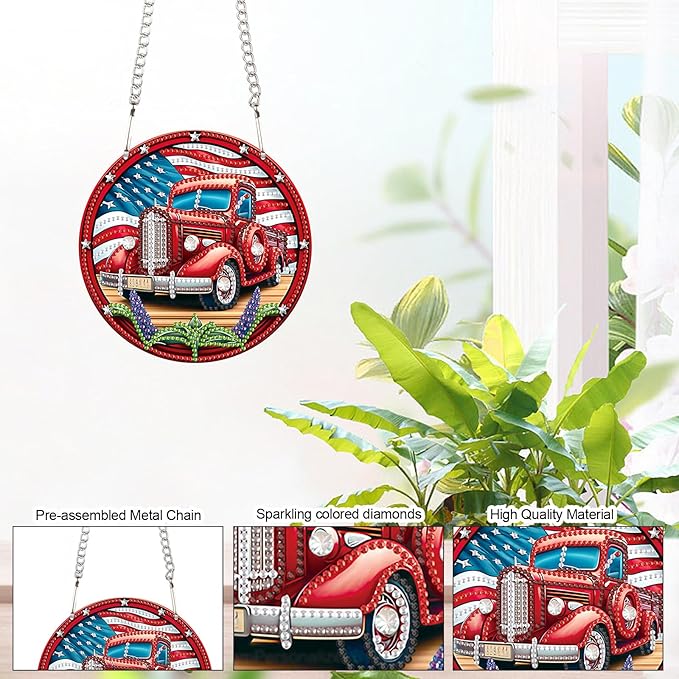 DIY Diamond Painting Hanging Kit – Independence Day Car Acrylic Pendant with 5D Special Shaped Rhinestones, Patriotic Wall or Door Decor, Handmade July 4th Gift for Art Lovers