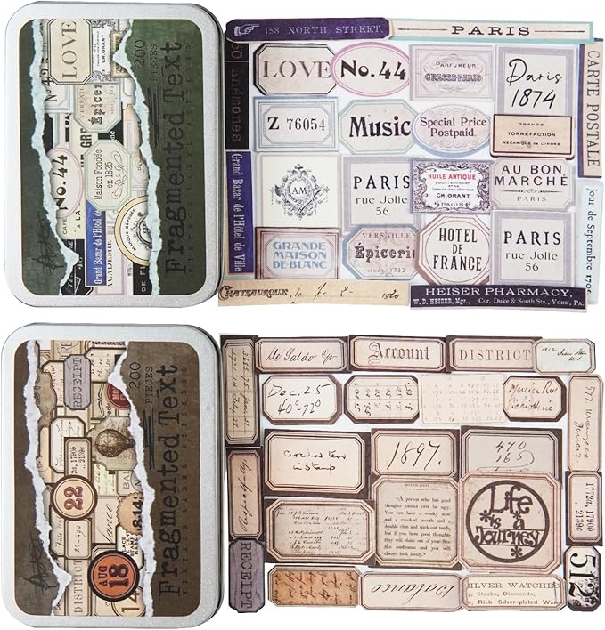 Vintage Fragmented Label Stickers, 400 PCS Washi Ephemera for Scrapbooking, Journaling, Crafting, DIY Projects, Diaries, and Art Supplies - 2 Iron Boxes Included