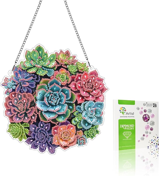 VAIIEYO Succulent Diamond Art Hanging Ornament, Plant Diamond Painting Suncatchers Window Hanging Kit with Chain, 7.5x7.5 inch Crystal Pendant Art Craft for Gift Home Wall Front Door Decoration