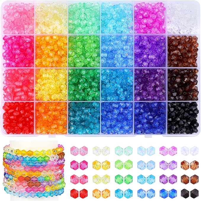 Crystal Beads for Jewelry Making 3000pcs Bicone Bracelet Bead Faceted Acrylic Beads 24 Colors Rainbow Loose Craft Bead for Jewelry Making, DIY Bracelets, Necklaces, Curtain, Key Chains