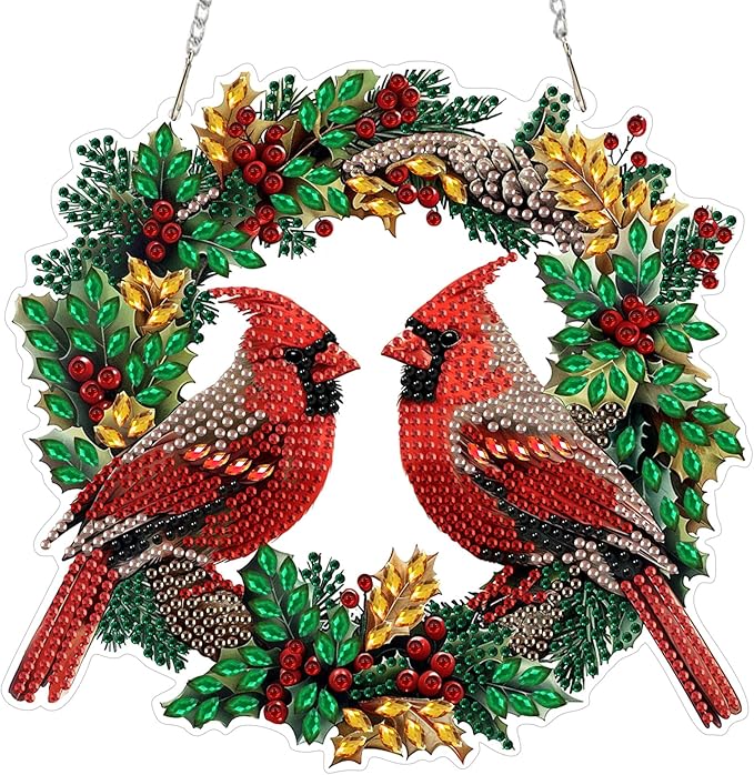 Hanging Diamond Art Kit for Adult, Cute Christmas Red Cardinals, 5D Special Shaped Rhinestone Diamond Painting Ornament, Cardinals, DIY Acrylic Diamond Art Painting Window Pendants Home Garden Decor