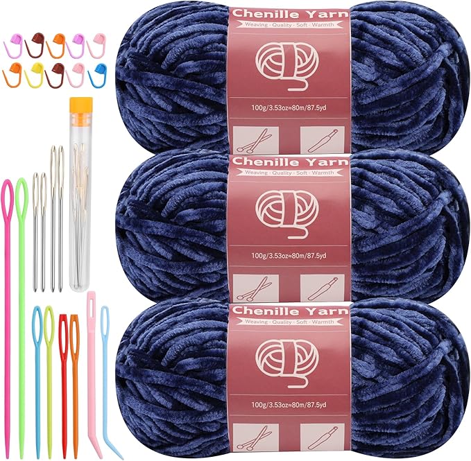 LUNARM Chenille Yarn for Crocheting Knitting, 3 Skein 263 Yard Thick Soft Chunky Fluffy Weaving Plush Yarn for Blankets Clothes Pattern Creations with Big Eye Needles (Dark Blue)