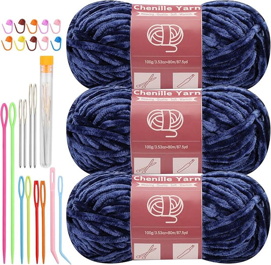 LUNARM Chenille Yarn for Crocheting Knitting, 3 Skein 263 Yard Thick Soft Chunky Fluffy Weaving Plush Yarn for Blankets Clothes Pattern Creations with Big Eye Needles (Dark Blue)