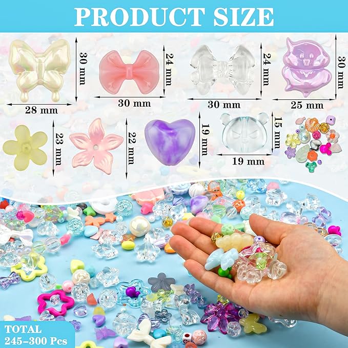 ABONDEVER 245-300Pcs Assorted Acrylic Beads for Bracelets Making Cute Star Bow Flower Candy Heart Gummy Bear Butterfly Beads for DIY Jewelry Crafts Keychain Necklace Phone Charms(Candy)