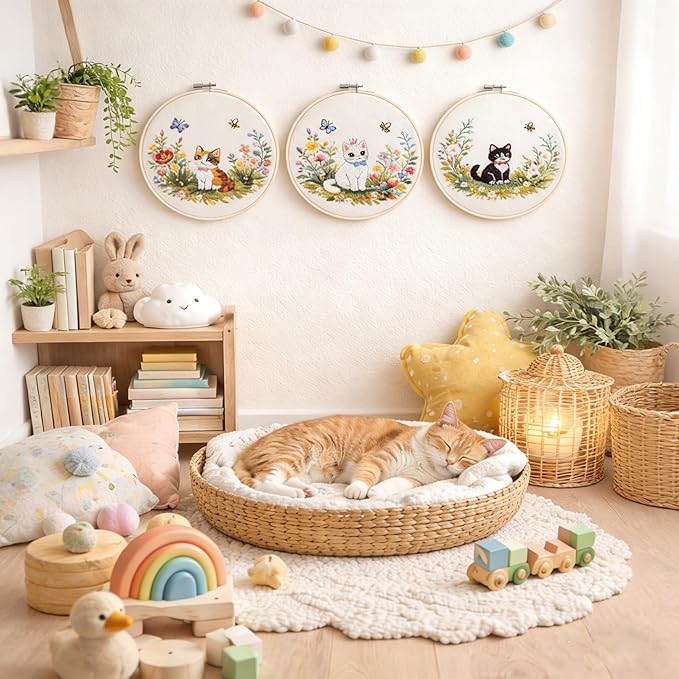 Peonfly Cat Embroidery Kit for Beginners, 4 Pack Stamped Embroidery Starter Kit with 4 Hoops, 9 Stitch Types Practice Sampler, Animal Floral Wall Hanging Décor (Value Pack)