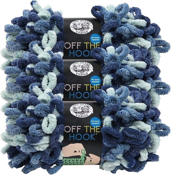 Lion Brand Yarn Off The Hook Yarn, Bulky No-Needle Craft Yarn for Crocheting, Hand-Knitting, 3-Pack, Blue Sapphire