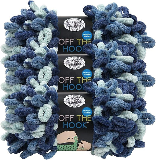 Lion Brand Yarn Off The Hook Yarn, Bulky No-Needle Craft Yarn for Crocheting, Hand-Knitting, 3-Pack, Blue Sapphire