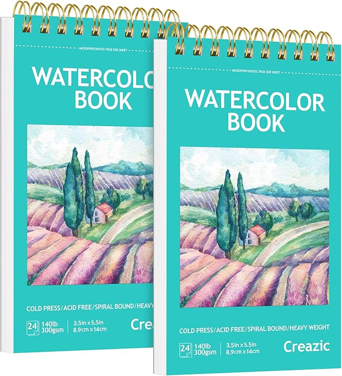 2-Pack Small Watercolor Sketchbook, 3.5" x5.5”(140lb/300g), Spiral Bound with Tear Line. Artist Water Color Paper, Portable Travel Notebook for Watercolor or Quick Sketch - Ideal for Kids & Adults