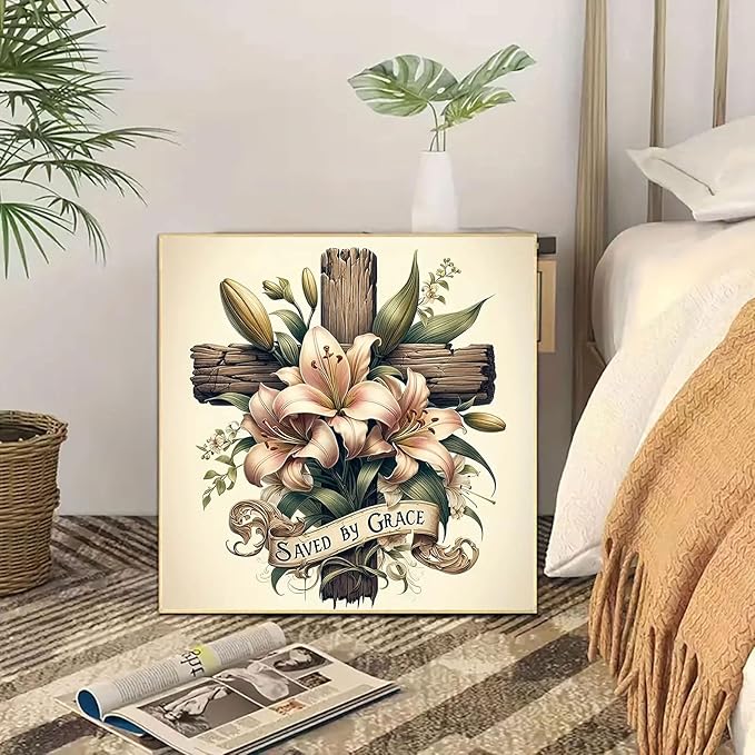 5D Cross Diamond Art Kits for Adults Beginners,DIY Full Round Drill Diamond Painting Kits Religious Cross With Lily Flowers, Paint by Diamonds Dot Gem Art Crystal Easy,Home Wall Decor 13.7X13.7Inch