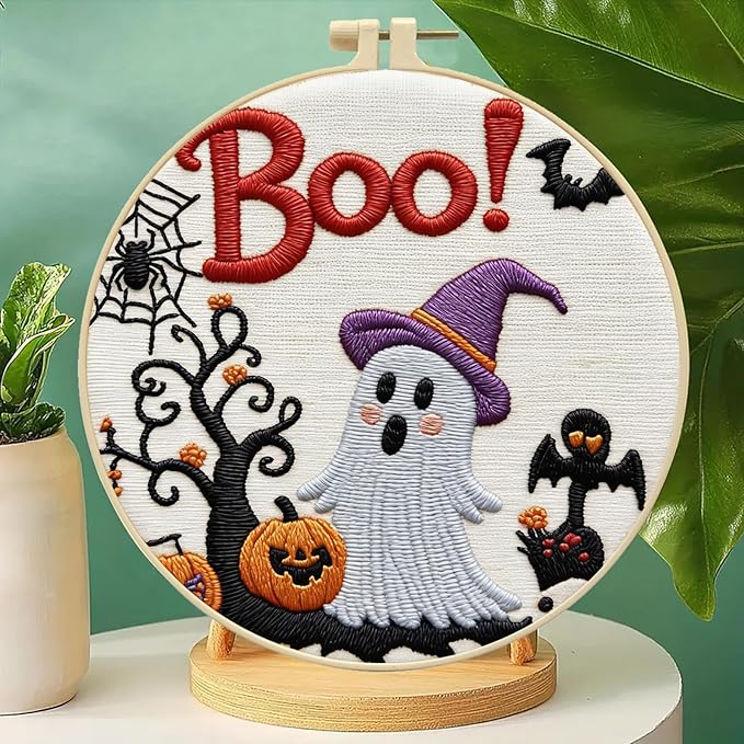 Zhenqing Halloween Ghost Embroidery Kit for Beginners - 29x29cm Printed Fabric with Hoop & Full Tools (Witch Hat Ghost & Pumpkin Design) (C0117)