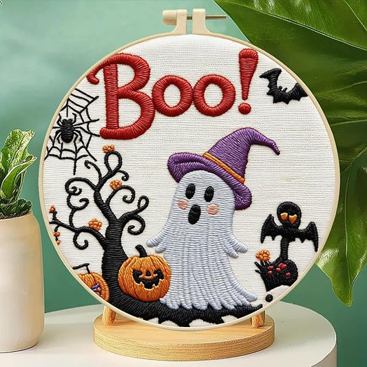 Zhenqing Halloween Ghost Embroidery Kit for Beginners - 29x29cm Printed Fabric with Hoop & Full Tools (Witch Hat Ghost & Pumpkin Design) (C0117)