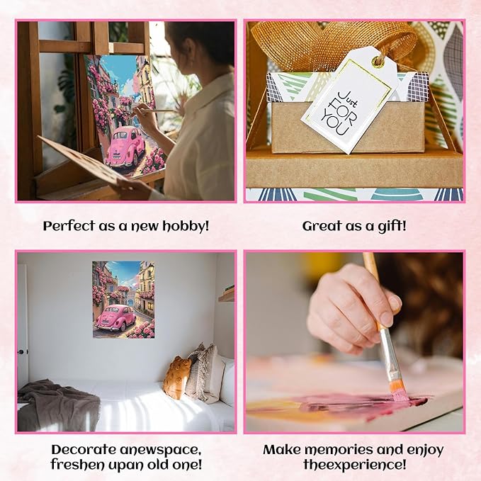 NPCSWXQ Paint By Numbers Kit for Adults Beginners, Sunset Pink Roses Pink Car Decoration Oil Acrylic Painting Crafts Number Artist Paint Kit for Home Wall Bedroom Study or Office Decor Gift 16x20Inch