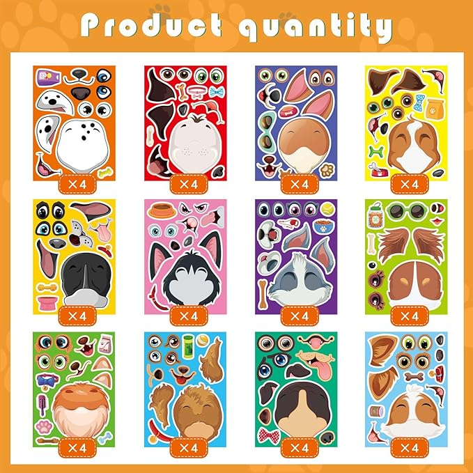 48 sheets dog stickers,make a face stickers for kids, make your own dog sticker, animal sticker for kids 3-5, brithday gift party favors, teacher reward classroom games craft