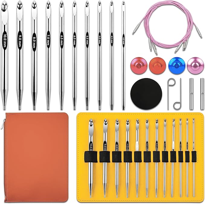 Tunisian Crochet Hooks Set - Tunisian Crochet Hook, Interchangeable Metal Tunisian Crochet Hooks Set with Cable, Tunisian Crochet Hooks, Nickel Plated Aluminum, Ergonomic 3mm-10mm, 26-Piece Set