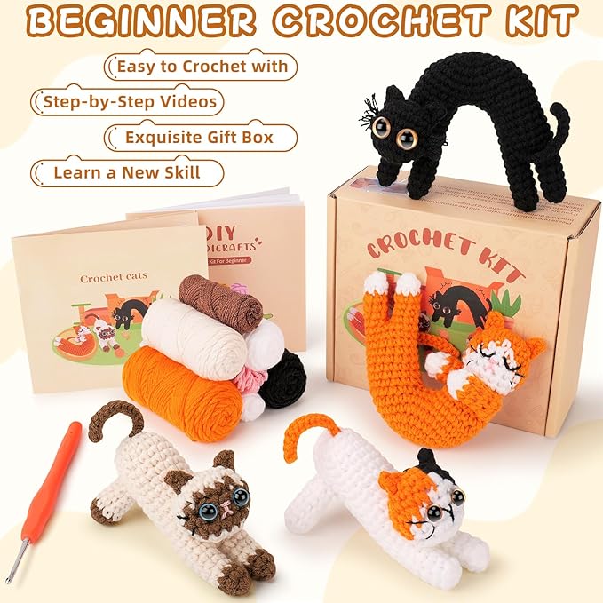 Crochet Kit for Beginners - 4 PCs Cat Crochet Kits with Step-by-Step Video Tutorials, Beginner Crochet Kit for Adults Kids, Learn to Crochet Animal Kit, Creative Crochet Gift for Cat Lovers