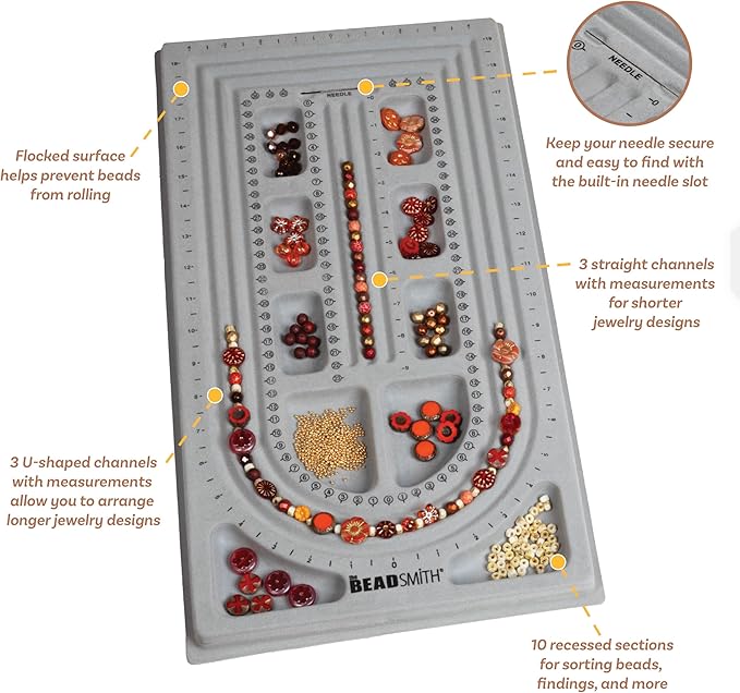 The Beadsmith Bead Board, Grey Flocked, 3 U-Shape and 3 Straight Channels, 10 x 18.5 inches, Design Boards for Creating Bracelets, Necklaces and Other Jewelry