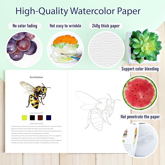 2Pcs Watercolor Workbook Creative Water Color Paint Book Set with Paints & Brush, 12 Patterns of Original DIY Designs, Beginner-Friendly Adult Coloring Books (Insect & Mushroom)