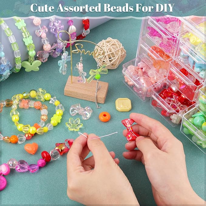 500-550PCS TINKRSTUFF Assorted Mix Acrylic Beads For Bracelet Making, Cute Beads For Jewelry Making Flower Bow Butterfly Candy Heart Gummy Bear Kawaii Aesthetic Bead,DIY Necklace Keychain Phone Charms