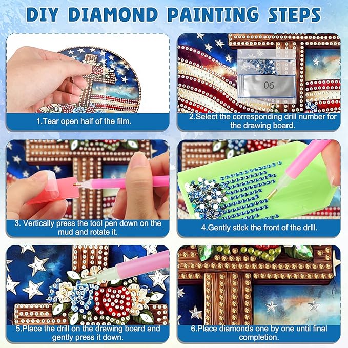 DOMROM 4TH of July Diamond Art Hanging Kit for Adult, Cross Diamond Art Hanging Kit, Patriotic DIY Diamond Art, Independence Day Diamond Hanging Pendant, Window Pendants Garden Wall Hanging Ornament