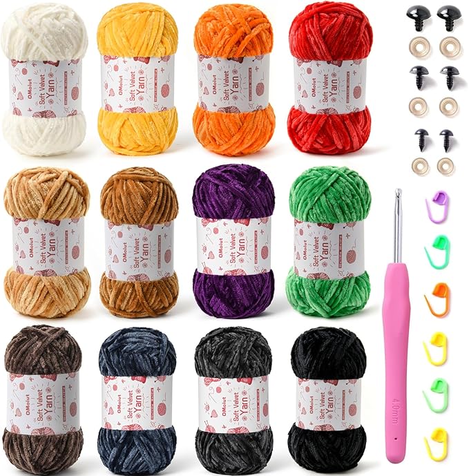 12 Pack Chenille Chunky Yarn - Baby Yarn for Crocheting Soft - Red Orange Green Blue Purple Black White Velvet Yarns Crochet Blanket - Amigurumi Yarns Pack with Crochet Accessories D