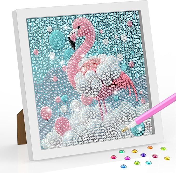SENQAO Flamingo Diamond Art Kit for Adults with Frame Art and Crafts for Adults Ages 6-8 -10-12 Easy to DIY Diamond Art for Adults and Adult Beginners Home Wall Decoration 7.1x7.1inch