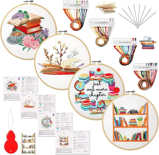 Unittype 4 Set Embroidery Kit for Beginners Adults Book Lovers Funny Cross Stitch Embroidery Kit with Bamboo Hoops Needles Threads Instructions Needle Threader(Classic)