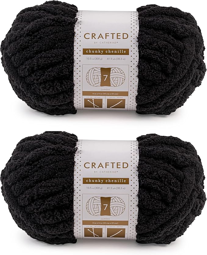 Crafted By Catherine Chunky Chenille Yarn - 2 Pack (41 Yards Each Skein), Black, Gauge 7 Jumbo