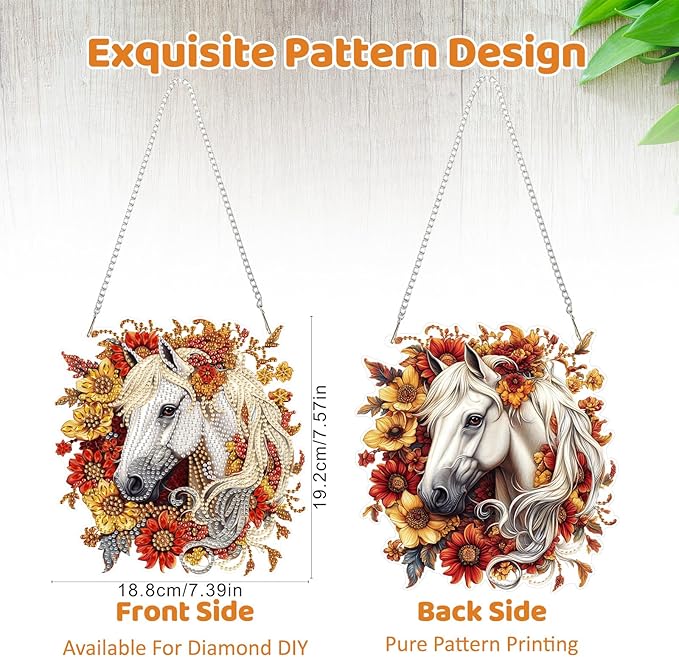 MEIYUDA Horse Diamond Painting Kits Hanging, DIY Flowers Horse Diamond Art Window Pendant for Adults, Special Shape Rhinestone Ornament, Crystal Gem Art Craft for Home Garden Wall Decor