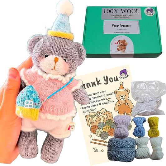 Yarnique Wool Bear Knitting Kit – Real Wool Amigurumi Kit for Adults with Video Tutorials | DIY Bear Crochet & Knitting Kit with Tools | Holiday Gift Craft Set (Birthday)