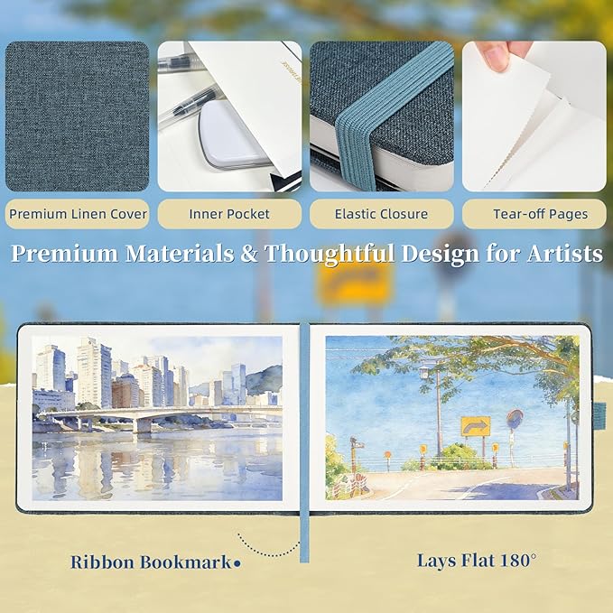 Vienrose Mini Portable Watercolor Palette Set for Travel & Outdoor Painting with 8.5" x 5.5" Linen Cover Watercolor Sketchbook, 24-Color Watercolor Paints, 3 Pens, Artist Tape & Storage Bag