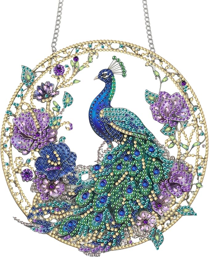 Bimkole Peacock Diamond Art Hanging Kit for Adult, DIY 5D Flower Animals Diamond Art Painting Window Pendant, Acrylic Crystal Art Hanging Ornament for Wall Home Garden Front Door Decor - 7.8x7.8 Inch
