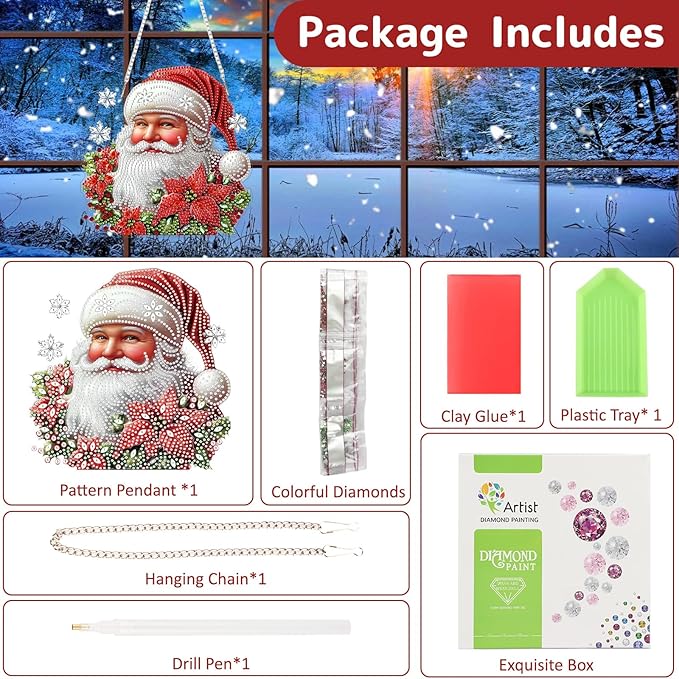 Christmas Santa Claus Diamond Art Hanging Kits for Adults, Diamond Painting Pendant Kits, DIY Acrylic 5D Special Shaped Crystal Diamonds Gem Art Painting Ornament for Home Wall Decor Gift