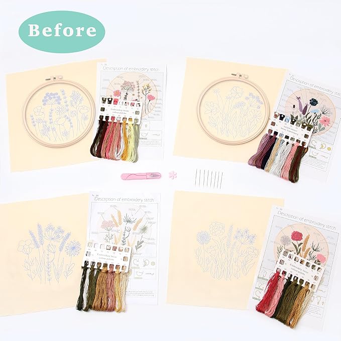 reewisly embroidery kit for beginners 4 sets, hand diy cross stitch kits,2 pcs embroidery hoop,4 pcs plants flowers embroidery patterns and threads,easy for the embroidery beginners to learn…