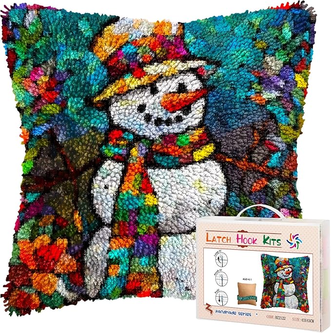 Stained Glass Christmas Snowman DIY Latch Hook Pillow Kits for Adults Printed Pillowcase Crochet Yarns Hooking Handmade Pillow Cover Cushion for Home Sofa Decoration 17x17inch