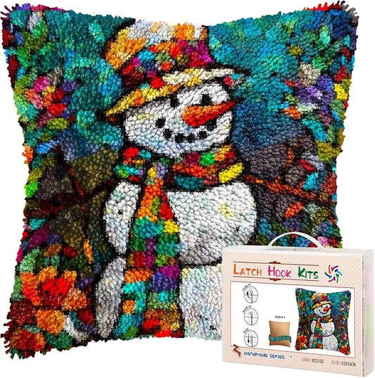 Stained Glass Christmas Snowman DIY Latch Hook Pillow Kits for Adults Printed Pillowcase Crochet Yarns Hooking Handmade Pillow Cover Cushion for Home Sofa Decoration 17x17inch