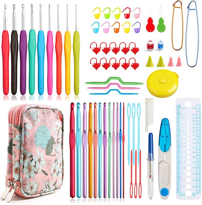 KOKNIT Crochet Hooks Set with Storage Case 71pc Knitting Needle Accessories 9 Soft Grip Ergonomic Crochet Needles,12 Coloured Aluminum Yarn Crocheting Crochet Hooks,Crochet Kit with Crochet Supplies