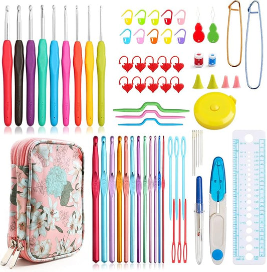 KOKNIT Crochet Hooks Set with Storage Case 71pc Knitting Needle Accessories 9 Soft Grip Ergonomic Crochet Needles,12 Coloured Aluminum Yarn Crocheting Crochet Hooks,Crochet Kit with Crochet Supplies