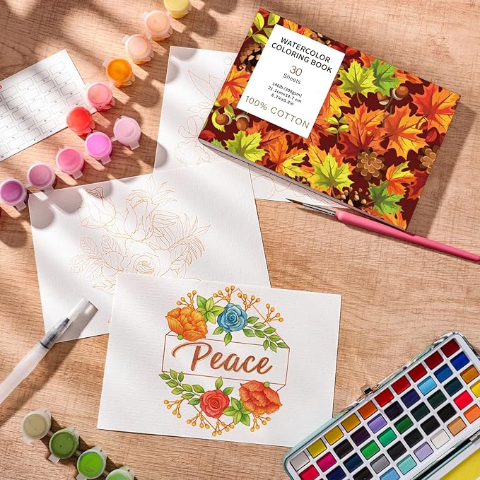 30 Sheets Watercolor Coloring Book, A5 (8.3 x 5.8) Watercolor Workbook, 140 lb/300 GSM Flower Water Color Book for Adults, Creative Art Craft Gift for Beginners