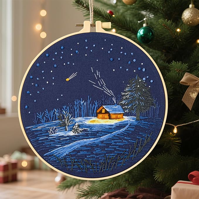 Christmas Embroidery Kits for Beginners Adults, Winter Hand Embroidery Starter Kits, Christmas Cross Stitch Kits for Beginners Needlepoint DIY Kits for Adults, Embroidery Hoop, Thread & Video Tutorial