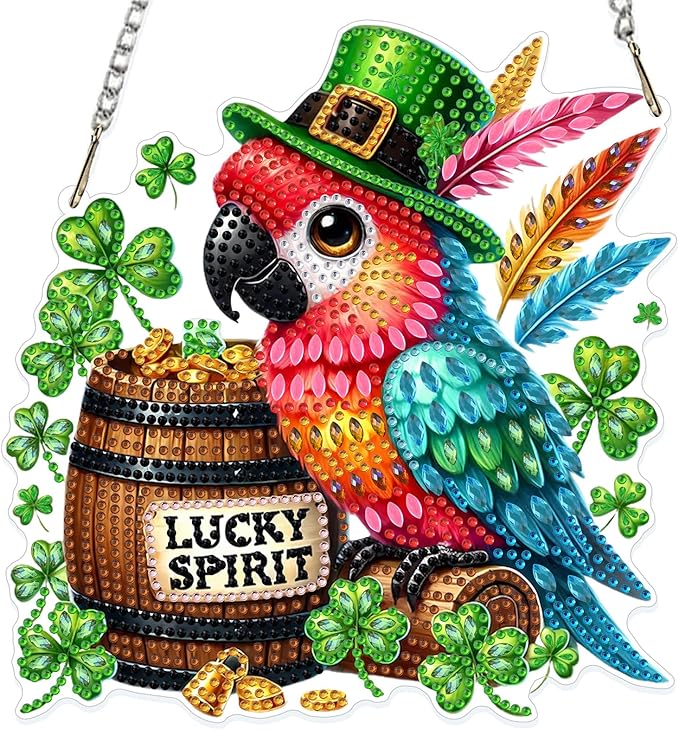GHHKUD Macaw Diamond Art Hanging Kit for Adults, DIY Double Sided Diamond Painting Hanging St.Patrick's Day, Special Shaped Acrylic Ornaments Pendants for Window Home Garden Wall